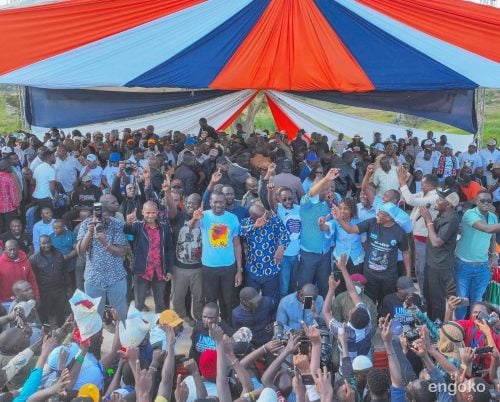 Nairobi Senator Edwin Sifuna and other Linda Mwananchi leaders gesture during a rally at Kivulini Grounds in Thika on Sunday, June 14, 2026. PHOTO/https://www.facebook.com/osotsi2027