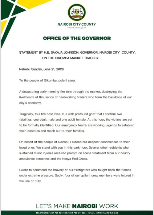 Part of Governor Johnson Sakaja's statement. PHOTO/Sakaja Johnson/WhatsApp channel
