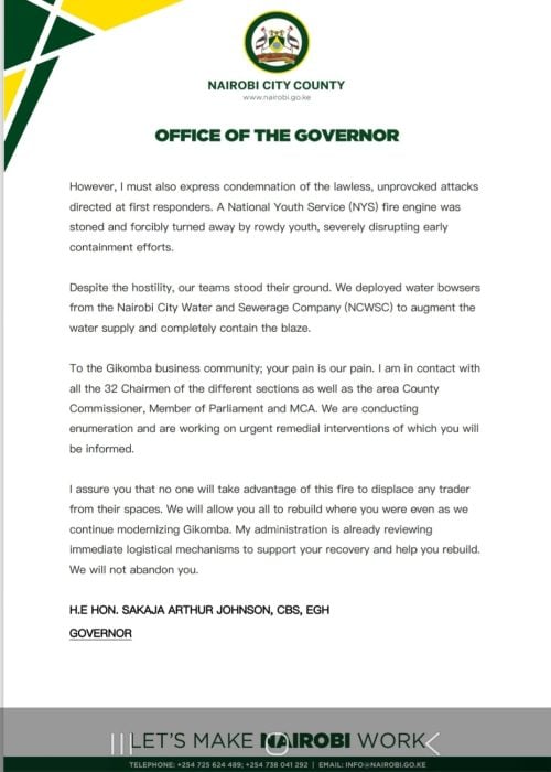 Part of Governor Johnson Sakaja’s statement. PHOTO/Sakaja Johnson/WhatsApp channel