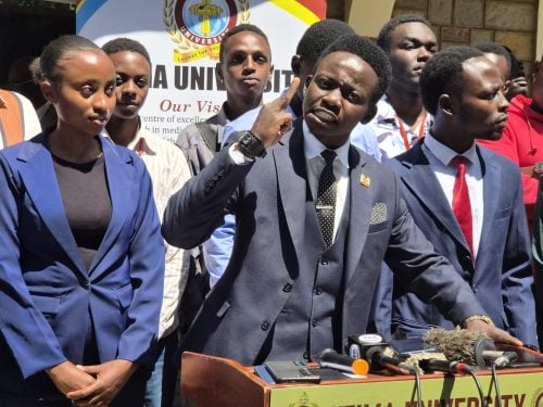 Student leaders of Uzima University address the media in support of the institution’s School of Medicine. PHOTO/Viola Kosome