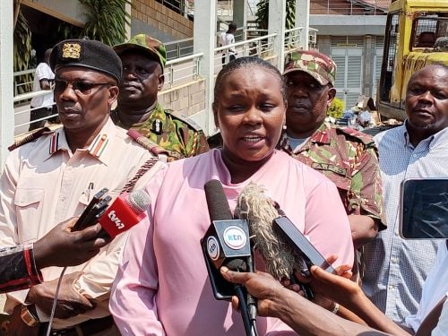 KRA representative Nancy Chemutai addressing the media during the destruction of illicit goods in Kisumu. PHOTO/Viola Kosome
