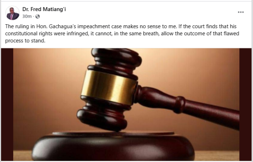 Former Interior Cabinet Secretary Fred Matiang’i Facebook post on June 9, 2026. PHOTO/Screengrab by People Daily Digital/https://www.facebook.com/profile.php?id=61587260217018/Facebook