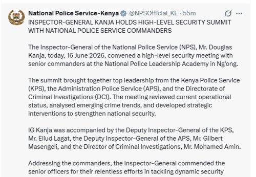 National Police Service X post on Tuesday, June 16, 2026. PHOTO/Screengrab by People Daily Digital/@NPSOfficial_KE/X