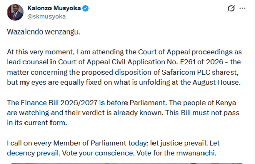 Wiper Patriotic Front Party leader Kalonzo Musyoka's X post on June 18, 2026. PHOTO/Screengrab by People Daily Digital/@skmusyoka/X