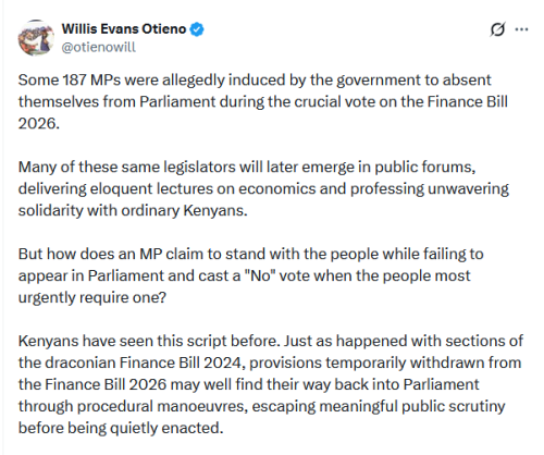 Willis Otieno's X post on Friday, June 18, 2026. PHOTO/Screengrab by Peopple Daily Digital/@otienowill/X