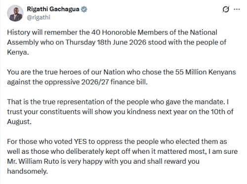 Former Deputy President Rigathi Gachagua's X post on Friday, June 19, 2026. PHOTO/Screengrab by People Daily Digital/@rigathi/X
