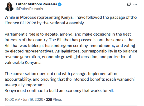 Nairobi Woman Representative Esther Passaris's X post on Friday, June 19, 2026. PHOTO/Screengrab by People Daily Digital/@EstherPassaris/X