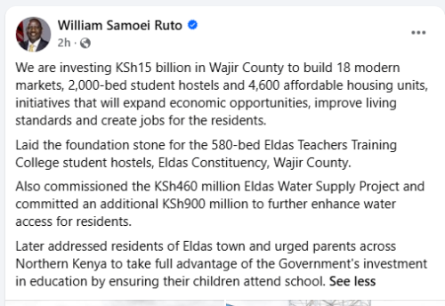 President William Ruto's X post on Tuesday, June 2, 2026. PHOTO/Screengrab by People Daily Digital/https://web.facebook.com/williamsamoei/Facebook