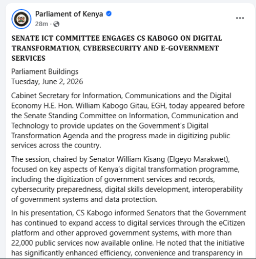 Part of the statement by the Parliament of Kenya on Tuesday, June 2, 2026. PHOTO/Screengrab by People Daily Digital/https://web.facebook.com/ParliamentKE/Facebook