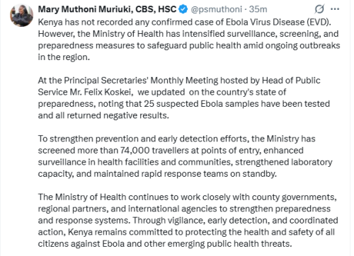 Health Principal Secretary Mary Muthoni's X post on June 3, 2026. PHOTO/Screengrab by People Daily Digital/@psmuthoni/X