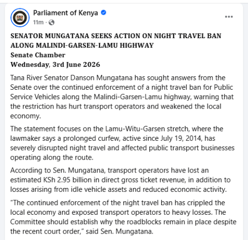 A statement by the Parliament of Kenya on Friday, June 5, 2026. PHOTO/Screengrab by People Daily Digital/https://web.facebook.com/ParliamentKE/Facebook