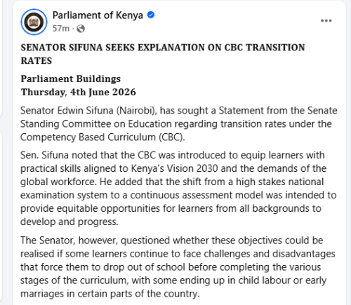 A statement by the Parliament of Kenya on Friday, June 5, 2026. PHOTO/Screengrab by People Daily Digital/https://web.facebook.com/ParliamentKE/Facebook