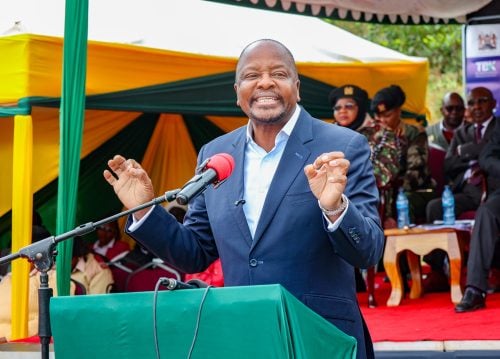 Agriculture and Livestock Development Cabinet Secretary Mutahi Kagwe on Thursday July 23 2026 addressing the tea farmers at Kangaita tea factory. PHOTO/Bancy Lole.