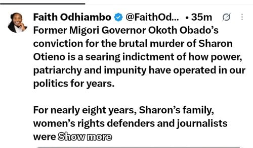 Former Law Society of Kenya (LSK) President Faith Odhiambo's X post on Friday, July 24. 2026. PHOTO/Screengrab by People Daily Digital/@FaithOdhiambo/X