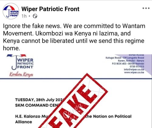 Wiper Patriotic Front statement on Tuesday, July 28, 2026. PHOTO/Screengrab by People Daily Digital/Wiper Patriotic Front/Fb