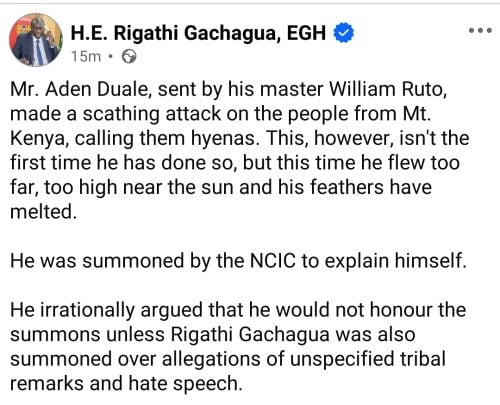 Former Deputy President Rigathi Gachagua statement on Tuesday, July 28, 2026. PHOTO/Screengrab by People Daily Digital/Rigathi Gachagua/fb