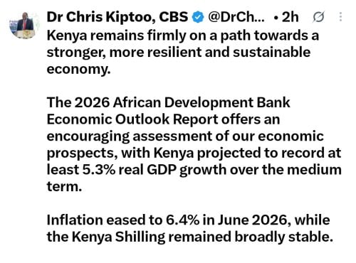 Treasury Principal Secretary Chris Kiptoo X statement on Tuesday, July 28, 2026. PHOTO/Screengrab by People Daily Digital/@DrChriskiptoo/X