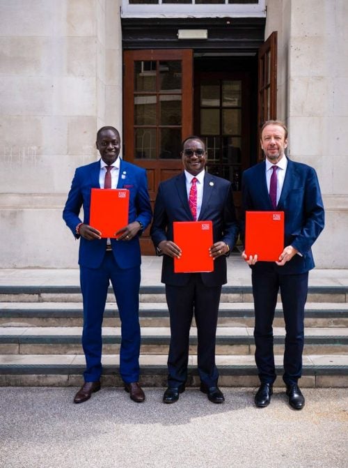 Principal Secretary for Medical Services Dr. Ouma Oluga, Education Cabinet Secretary Julius Migos Ogamba and Kenya’s High Commissioner to the United Kingdom, Ambassador Maurice Makoloo signing the Kenya -UK MoU on Tuesday, July 28, 2026. PHOTO/@migosogamba/X