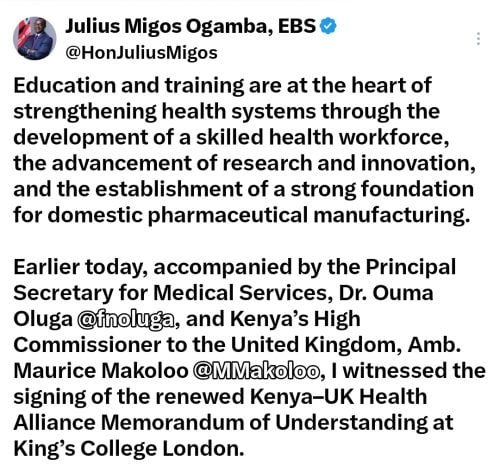Education Cabinet Secretary Migos Ogamba X statement on Tuesday, July 28. 2026. PHOTO/Screengrab by People Daily Digital/@HonJuliusOgamba/X