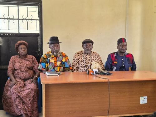 Luo Council of Elders officials during a press briefing at Ofafa Memorial Hall in Kisumu, where they condemned political violence and called for peace. PHOTO/Viola Kosome