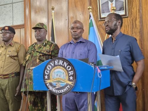 Anyang' Nyong'o and other security officials address journalists during a press briefing at the Kisumu Regional Commissioner's office. PHOTO/Viola Kosome