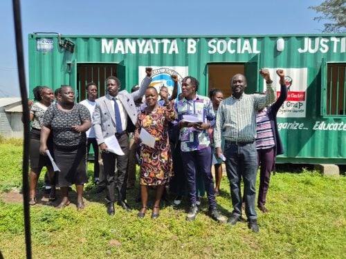 Civil society organisations and human rights defenders during a press briefing at Manyatta Social Justice Centre in Kisumu on Thursday. PHOTO/Viola Kosome