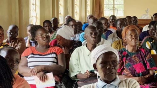 Community Health Promoters from Kisumu West Constituency follow proceedings during a meeting with Kisumu Senate aspirant Fred Odumo at Kotetni AIC Church. PHOTO/Viola Kosome