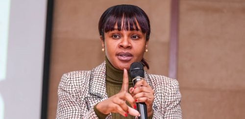 Mercy Mwangangi, the CEO of SHA delivers a keynote speech during a past event. PHOTO/https://web.facebook.com/socialhealthauthority