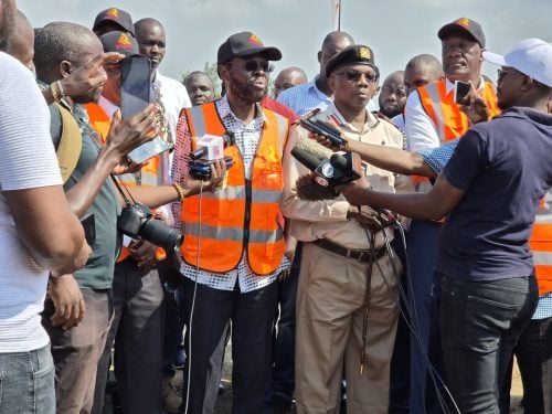 Kenya Railways MD Philip Mainga, Governor Anyang' Nyong'o and Kisumu County Commissioner Mohamed Mwabudzo inspect the commencement of construction works. PHOTO/Viola Kosome