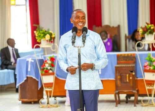 Wamatangi during a service at PCEA Kabuteti in Kiganjo Ward, Gatundu South Sub-County. PHOTO/https://www.facebook.com/Kimani Wamatangi