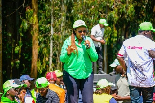 Kipipiri MP Wanjiku Muhia speaks as she campaigns for DCP's Kamau Ngotho in Ol Kalou ahead of July 16 vote. PHOTO/https://web.facebook.com/wanjiku.muhia.1