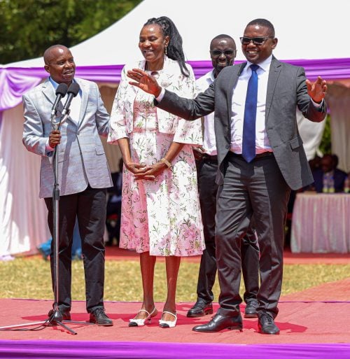 Kithure Kindiki with Meru Governor Isaac Mutuma, nominated MP Dorothy Muthoni, Water CS Mugaa during a service in Meru. PHOTO/https://www.facebook.com/Kithure Kindiki