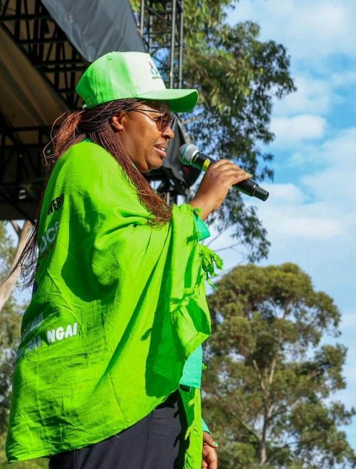 Kipipiri MP Wanjiku Muhia speaks as she campaigns for DCP's Kamau Ngotho in Ol Kalou ahead of July 16 vote. PHOTO/https://web.facebook.com/wanjiku.muhia.1