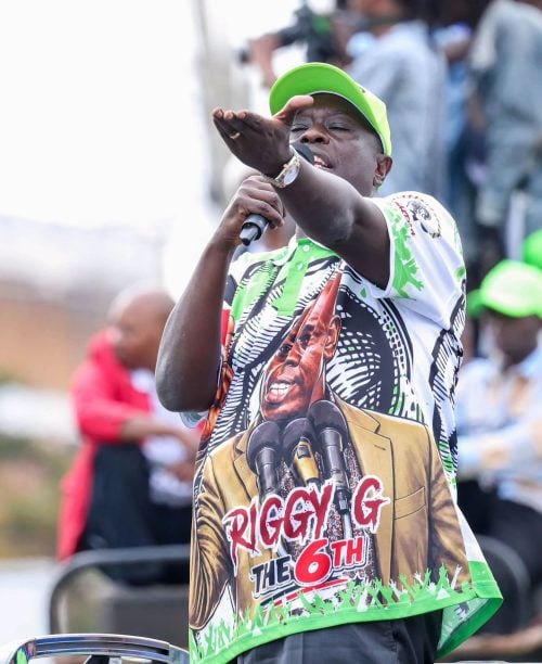 Democracy for Citizens' Party boss Rigathi Gachagua gestures during a past public event, while donning a silk t-shirt branded in his image. PHOTO/https://web.facebook.com/DPGachagua