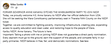 Statement announcing former Nairobi Governor Anne Kananu's defection from UDA to the National Economic Democratic Party (NEDP). PHOTOScreengrab by PD Digitalhttpswww.facebook.comMike Sonko