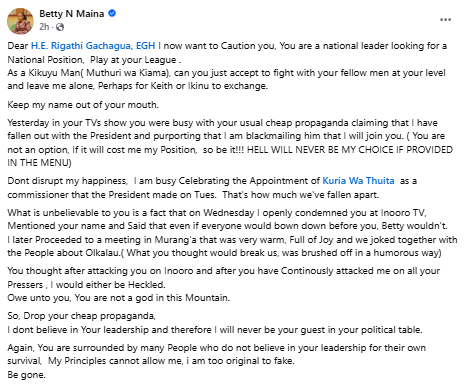 Betty Maina’s statement on Rigathi Gachagua. PHOTOScreengrab by PD Digital