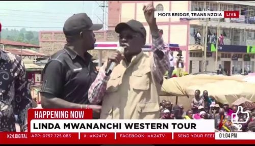 Kakamega Senator Bonny Khalwale speaking during a Linda Mwananchi rally in Trans Nzoia County on Saturday July 25, 2026. PHOTO/Screengrab by People Daily Digital