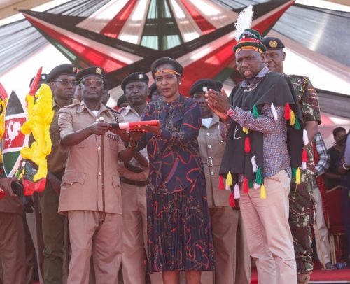 Defence CS Soipan Tuya with her interior counterpart Kipchumba Murkomen during the Kerio Belt Security Assessment Mission and the launch of Kolowa Sub-County at Kolowa Primary School in Tiaty Constituency, Baringo County. PHOTO/@SoipanTuya/X
