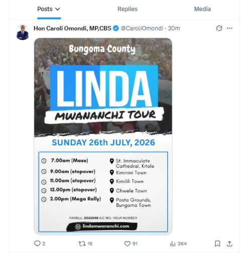 Caroli Omondi shares Linda Mwananchi tour program fro Bungoma. PHOTO/Screengrab by People Daily Digital from X by @CaroliOmondi