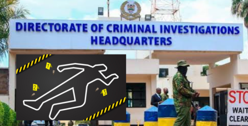 A well-designed featured image depicting a murder crime scene and a front view of the DCI headquarters along Kiambu Road. PHOTO/AI, https://web.facebook.com/UpeleleziKenya