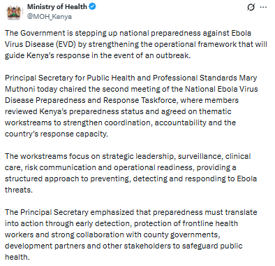 Statement on the National Ebola Virus Disease Preparedness and Response Taskforce meeting. PHOTO/Screengrab by PD Digital/@MOH_Kenya/X