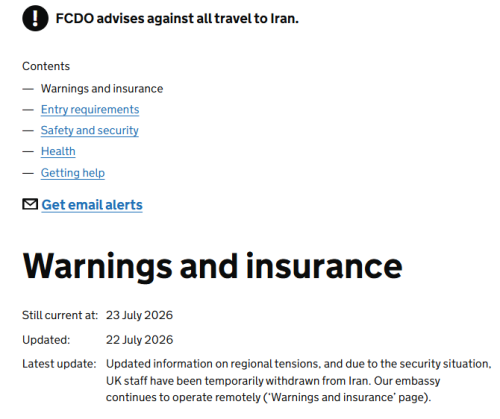 Part of the UK Foreign, Commonwealth and Development Office (FCDO) travel advisory for Iran. PHOTO/Screengrab by PD Digital