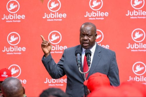 Jubilee Deputy Party Leader Fred Matiang'i gestures as he delivers a keynote speech during a past event. PHOTO/@RealMatiangi/X