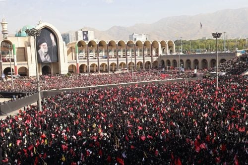 Thousands of mourners gather outside Tehran’s Grand Mosalla during funeral commemorations for former Iranian supreme leader Ali Khamenei. PHOTO/@GaroweOnline/X