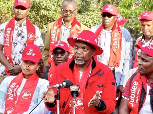 Jeremiah Kioni speaks to the media on Sunday, July 5, 2026 after a Jubilee Party meeting in Laikipia. PHOTO/@HonKioni