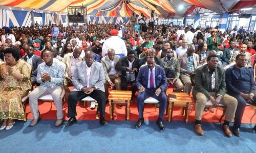Kalonzo, Matiang’i, Muturi and Wamalwa during a church service in Kamulu. PHOTO/@skmusyoka/X