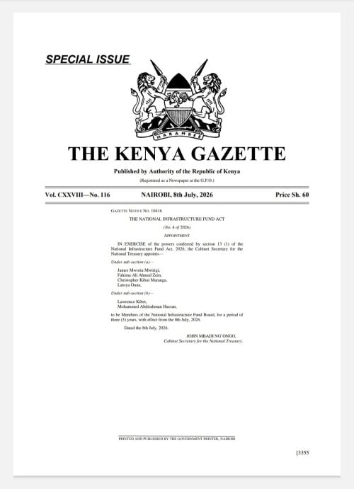 Gazette notice on the appointment of the six National Infrastructure Fund Board members. PHOTO/Screengrab by PD Digital/X