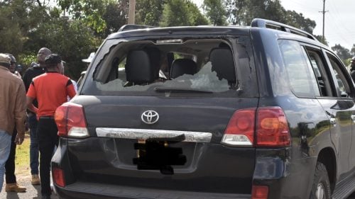 One of the vehicles destroyed during the unrest in Nyahururu. PHOTO/@CaroliOmondi/X