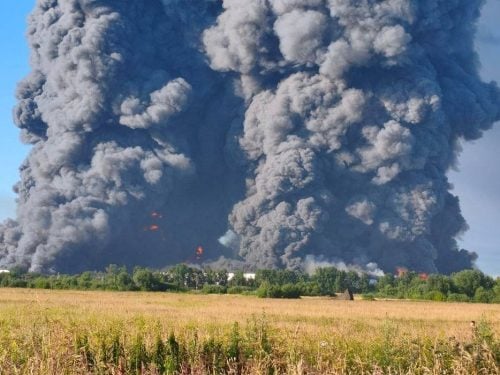 A warehouse near Moscow burns after being struck in a Ukrainian drone attack. PHOTO/@BabakTaghvaee1/X