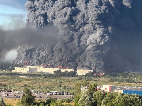 A warehouse near Moscow burns after being struck in a Ukrainian drone attack. PHOTO/@Kanthan2030/X